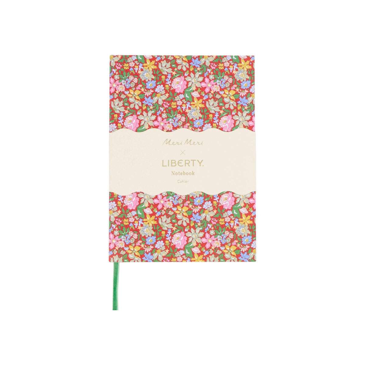 The Tiny Finch Meri Meri x Liberty Julia Star softcover notebook with a vibrant red floral print and green ribbon.