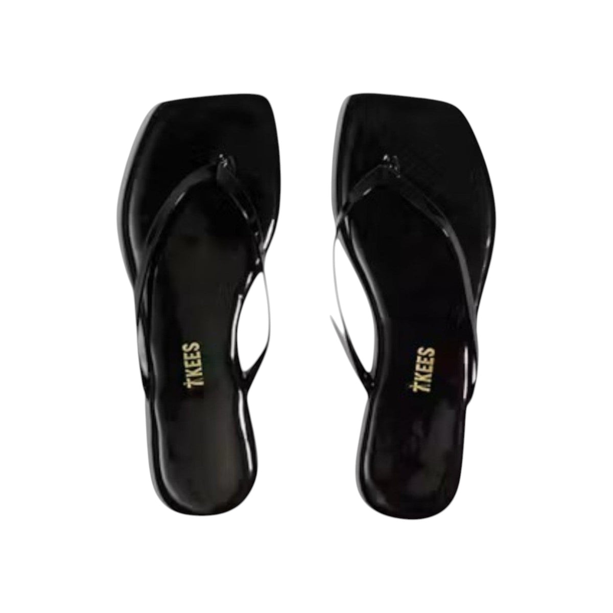 The Tiny Finch Lily square toe thong sandals in licorice black leather with a sleek, modern design.