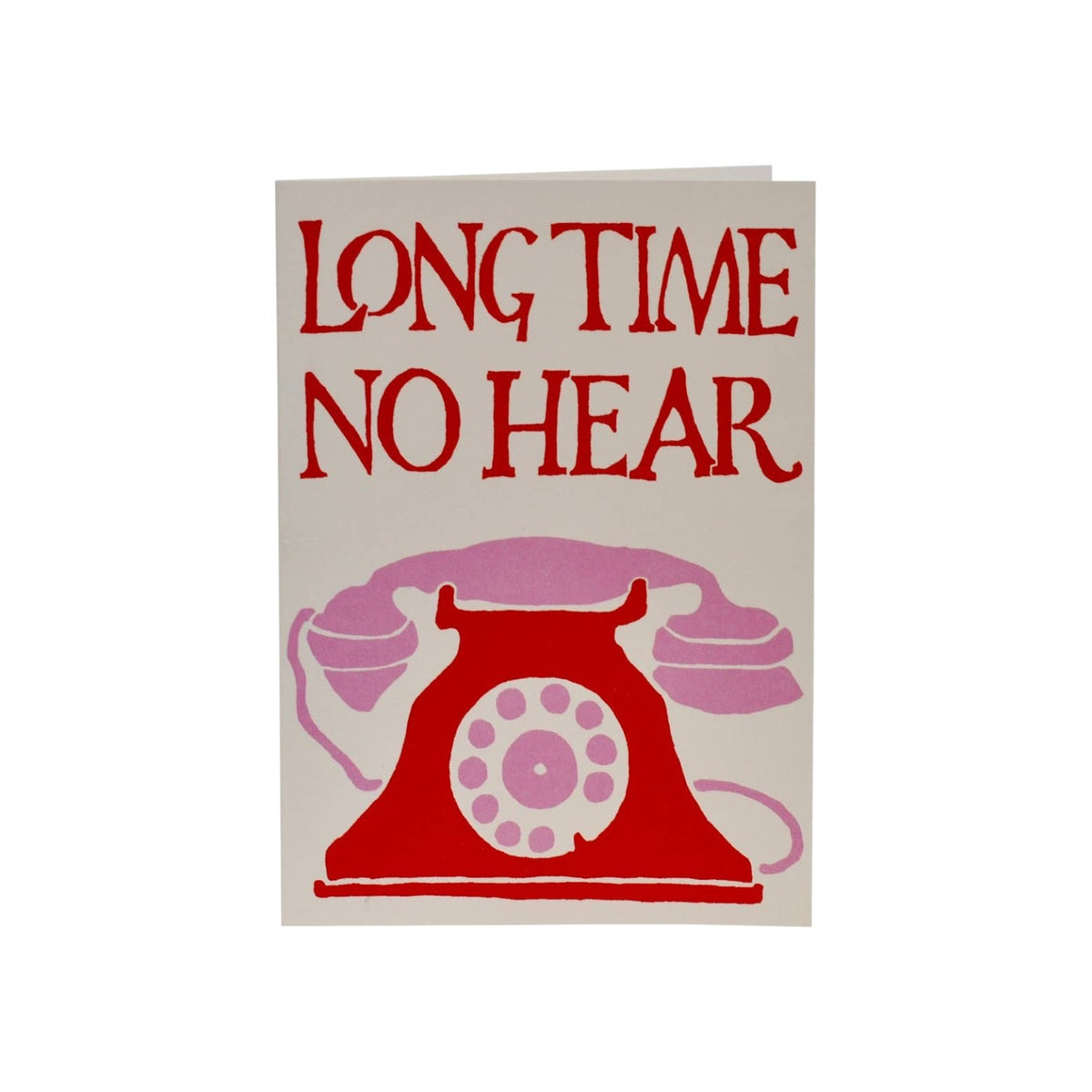 The Tiny Finch greeting card featuring red Long Time No Hear text and a vintage red and pink telephone illustration.