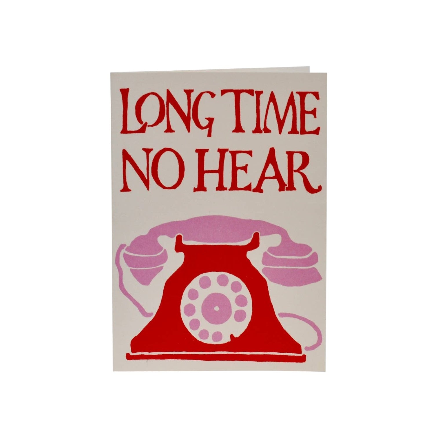 The Tiny Finch greeting card featuring red Long Time No Hear text and a vintage red and pink telephone illustration.