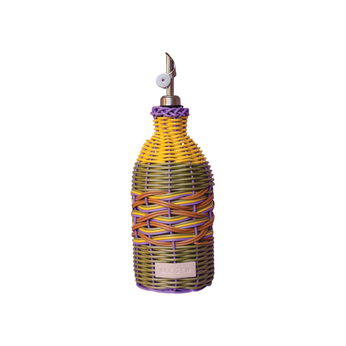The Tiny Finch MÆGEN hand-woven oil pourer in yellow, navy, olive, and sky blue with a metal spout.