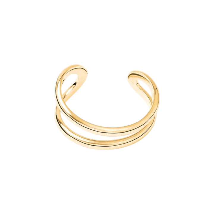 The Tiny Finch Maggie Bracelet in 18 carat gold-plated brass featuring a wide, layered open bangle design.