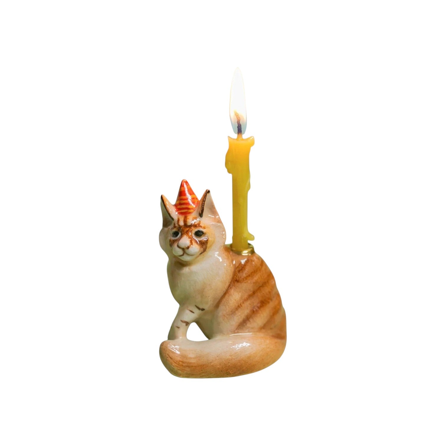 The Tiny Finch Maine Coon cat cake topper with a festive party hat and a lit yellow candle for birthday celebrations.