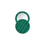 The Tiny Finch compact pocket mirror in green malachite pattern, handmade from Italian acetate with a swivel design.