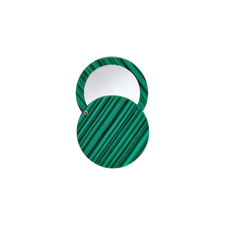 The Tiny Finch compact pocket mirror in green malachite pattern, handmade from Italian acetate with a swivel design.