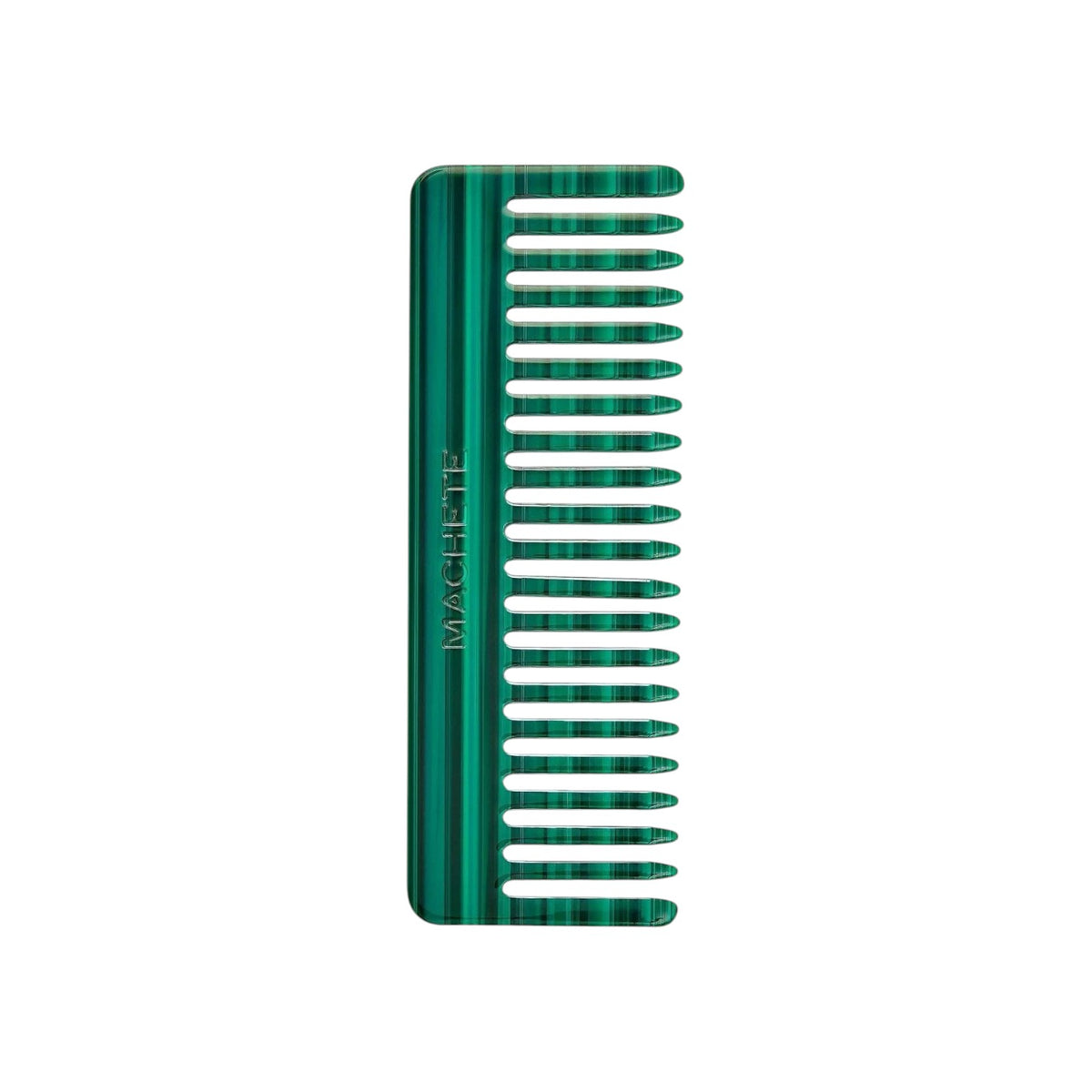 The Tiny Finch wide-tooth comb in malachite green Italian acetate with a classic striped pattern.