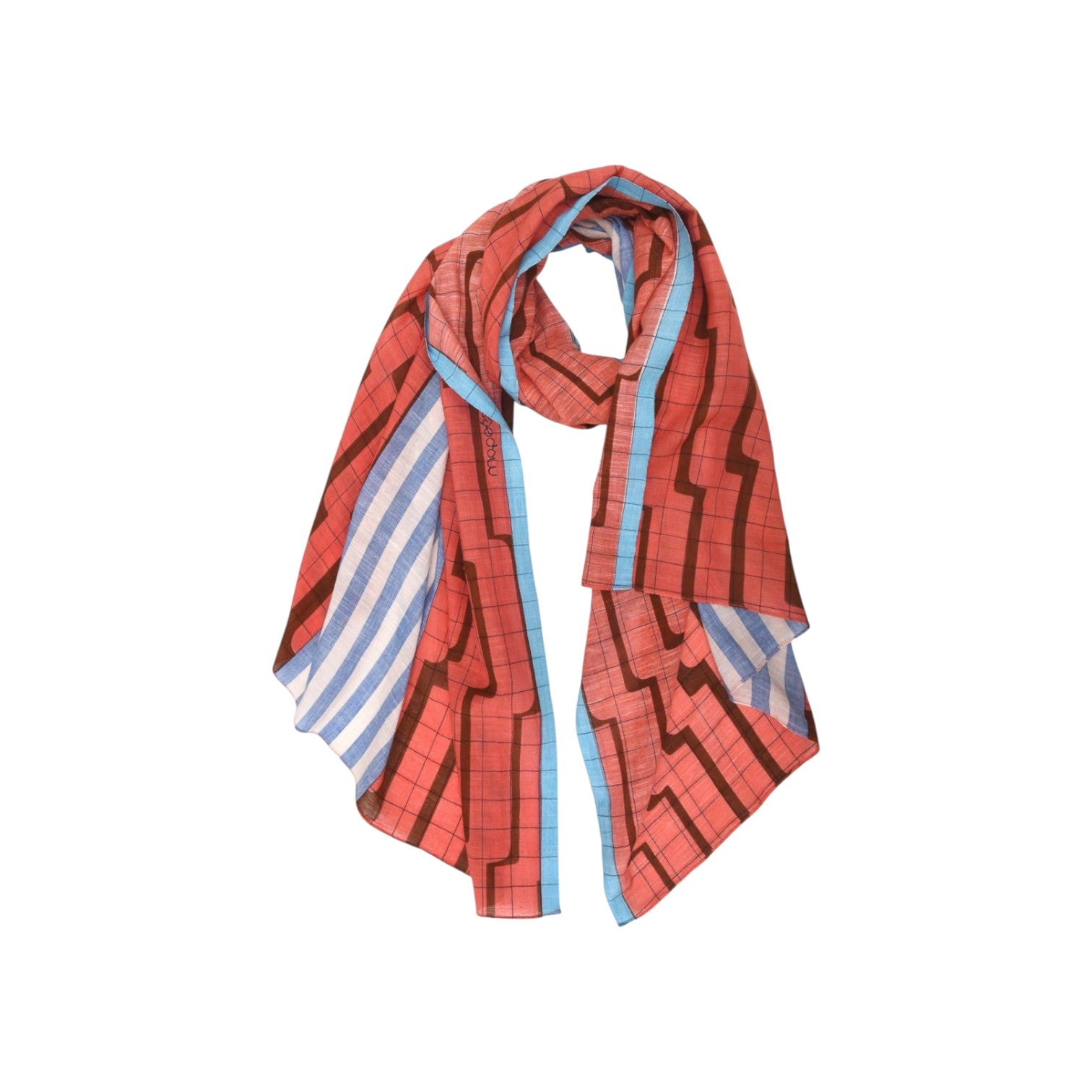 The Tiny Finch Mapoesie Celeste scarf in blush pink and blue cotton with a geometric grid and striped pattern.