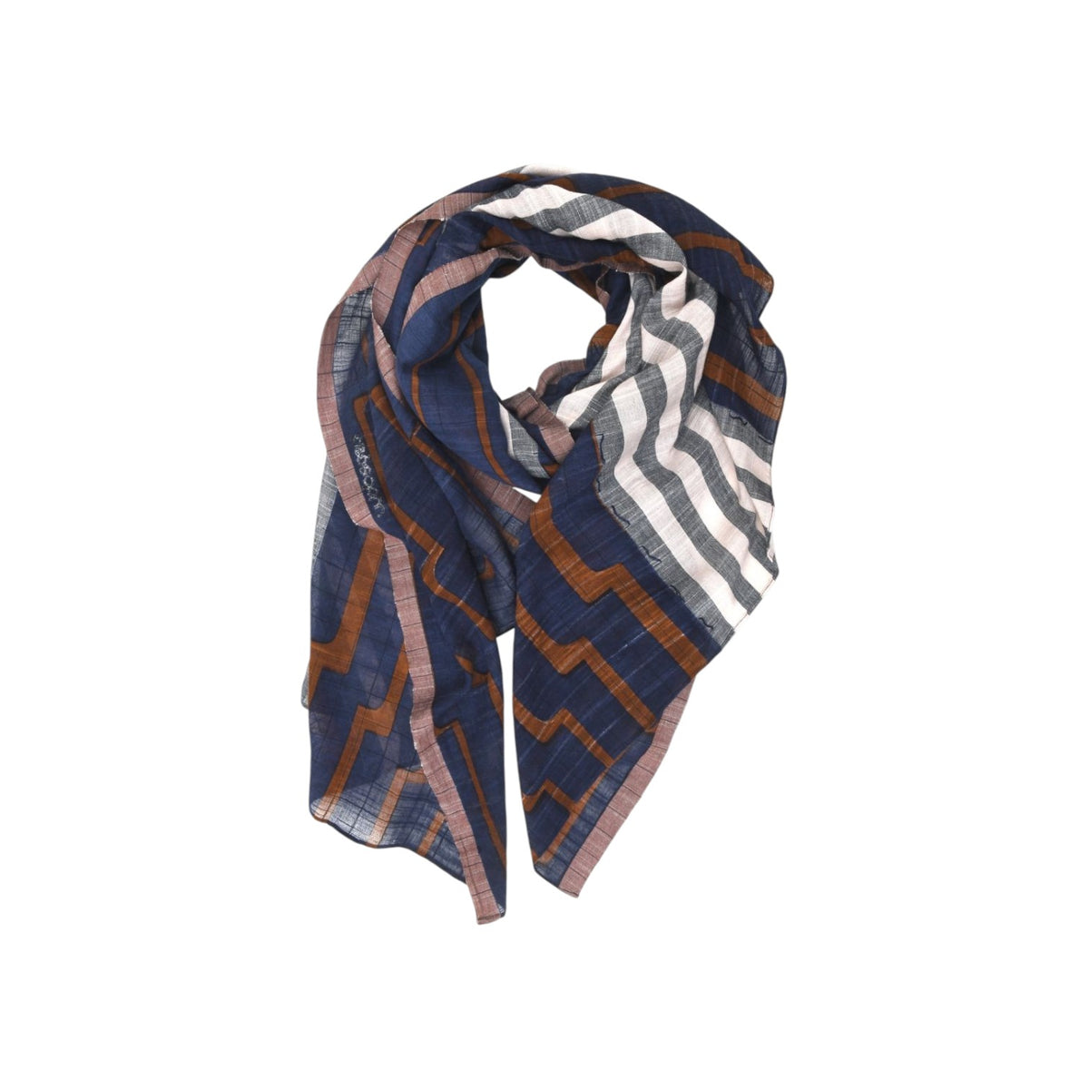 The Tiny Finch Mapoesie Celeste scarf in navy, brown, and cream with a geometric pattern and textured slub cotton weave
