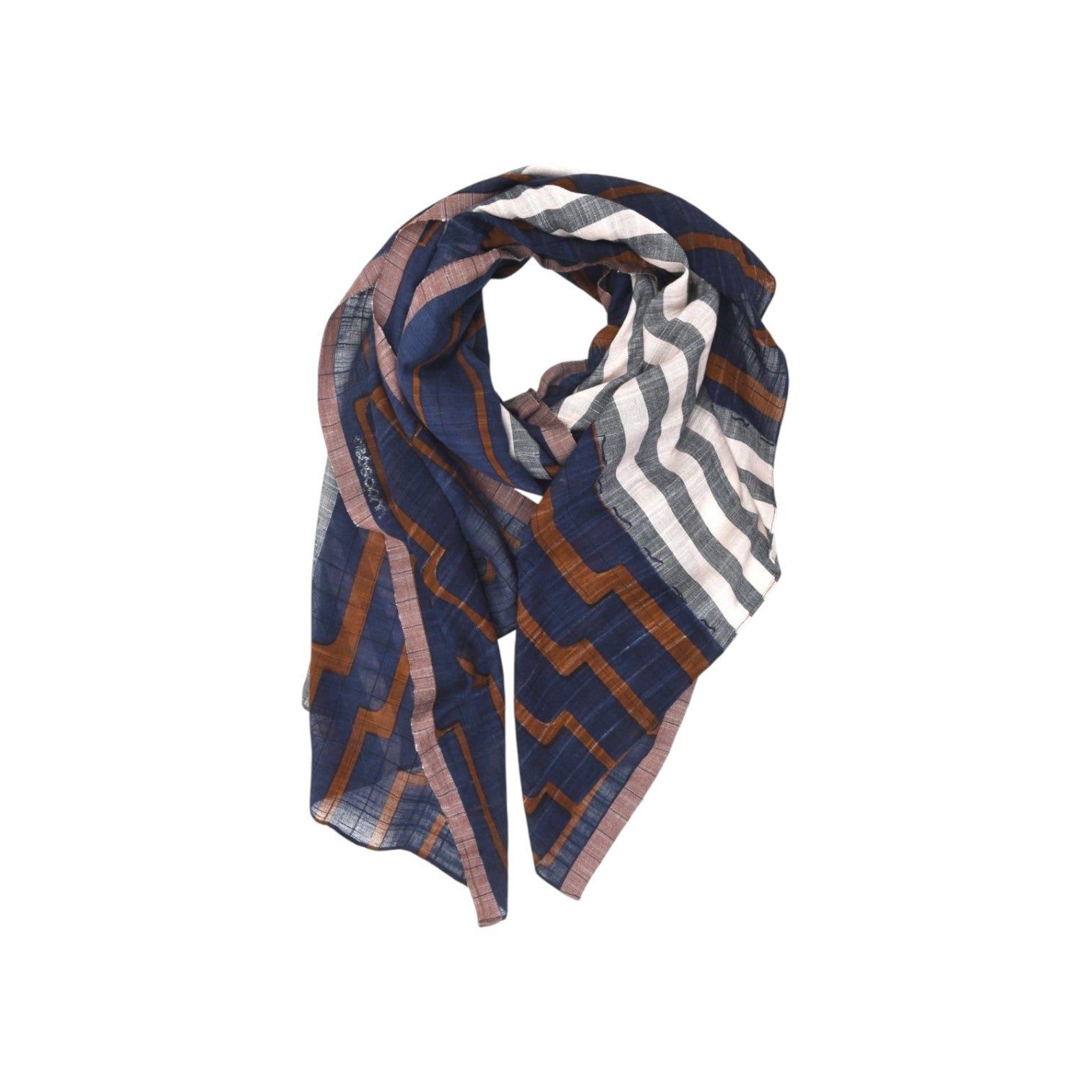 The Tiny Finch Mapoesie Celeste scarf in navy, brown, and cream with a geometric pattern and textured slub cotton weave