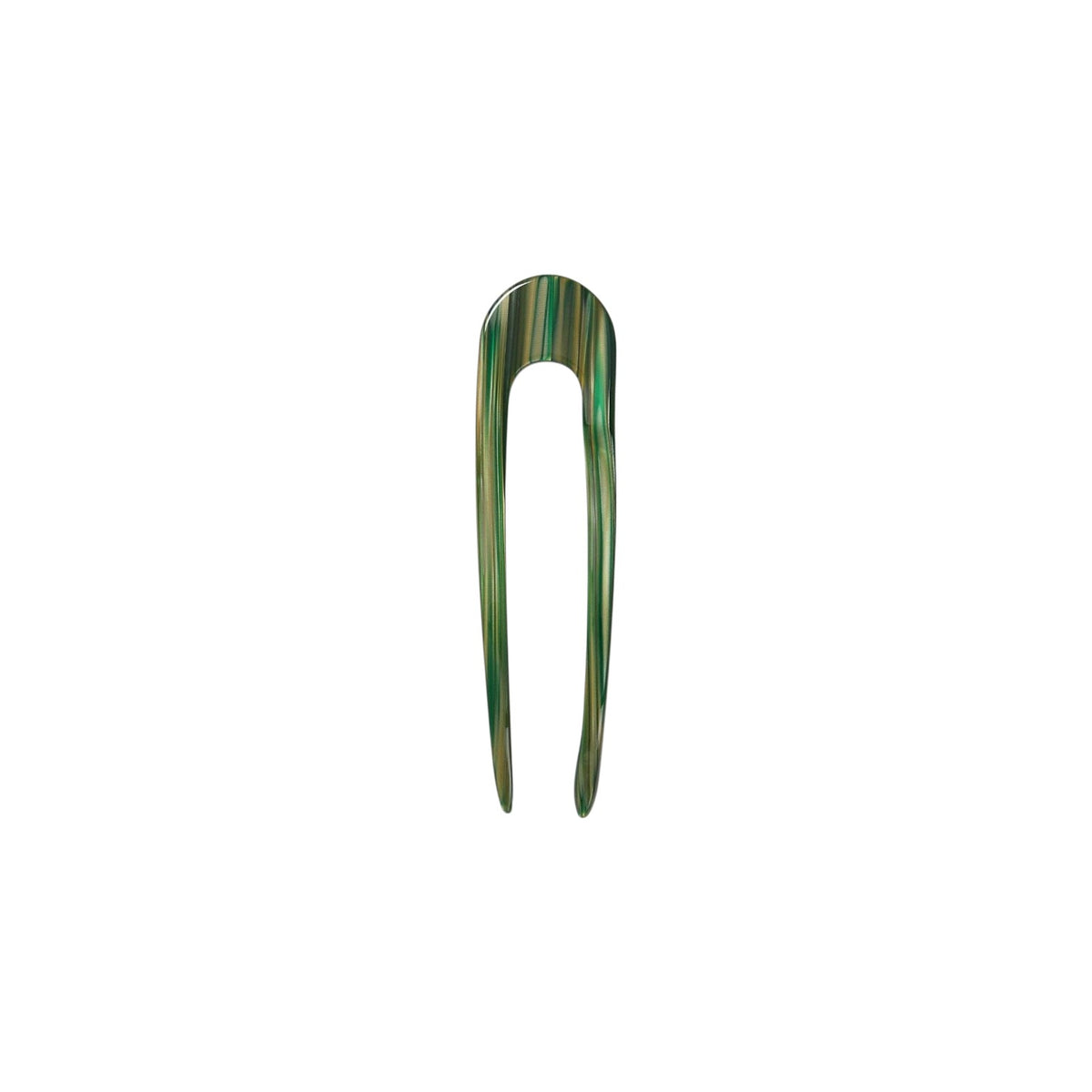 The Tiny Finch Meadow French hair pin in green and gold marbled Italian acetate, 5 inches long.