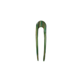 The Tiny Finch Meadow French hair pin in green and gold marbled Italian acetate, 5 inches long.