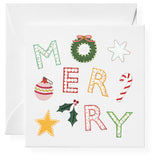 The Tiny Finch hand-glittered Merry holiday gift enclosure card with festive icons and matching white envelope.