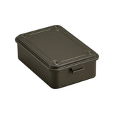 The Tiny Finch military green steel T-150 stackable storage box with a flat lid and seamless design.
