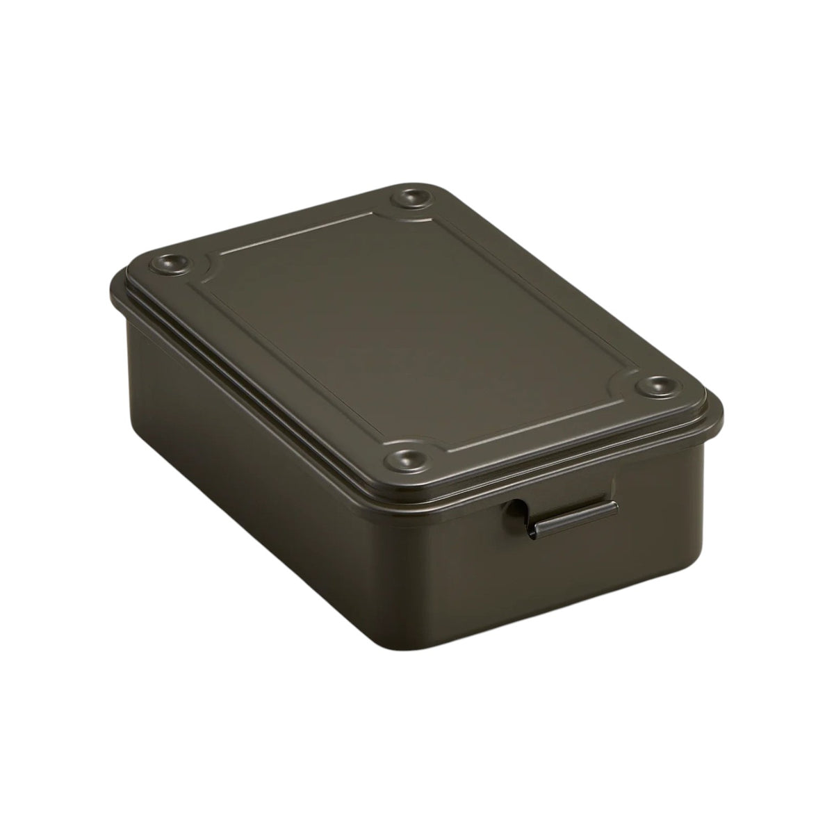 The Tiny Finch military green steel T-150 stackable storage box with a flat lid and seamless design.