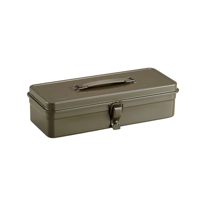 The Tiny Finch military green steel toolbox with a flat lid and secure latch handle for versatile storage.