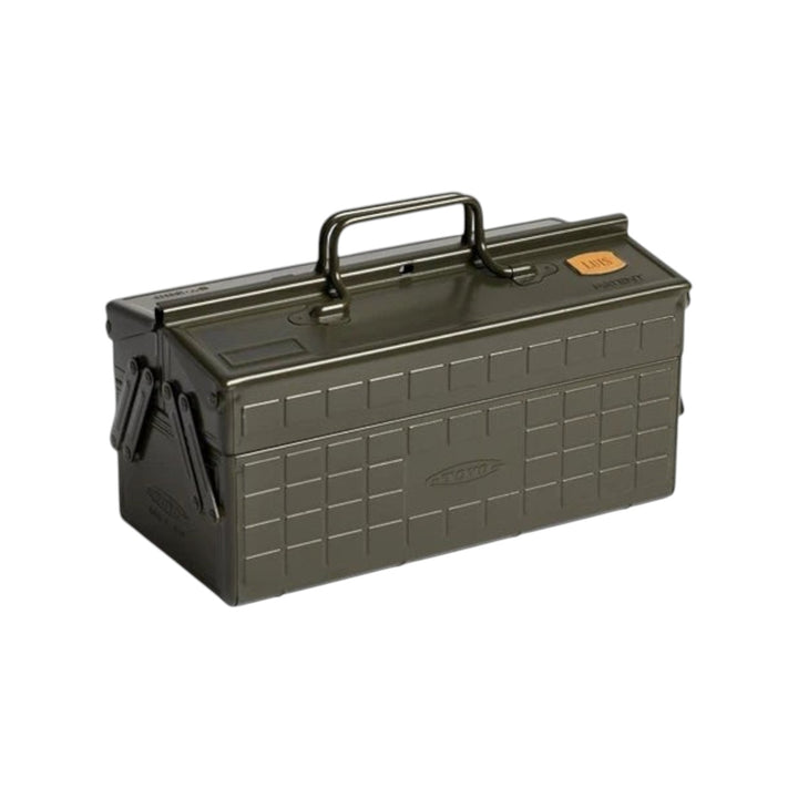The Tiny Finch military green steel cantilever toolbox with double handles and a lockable top closure.