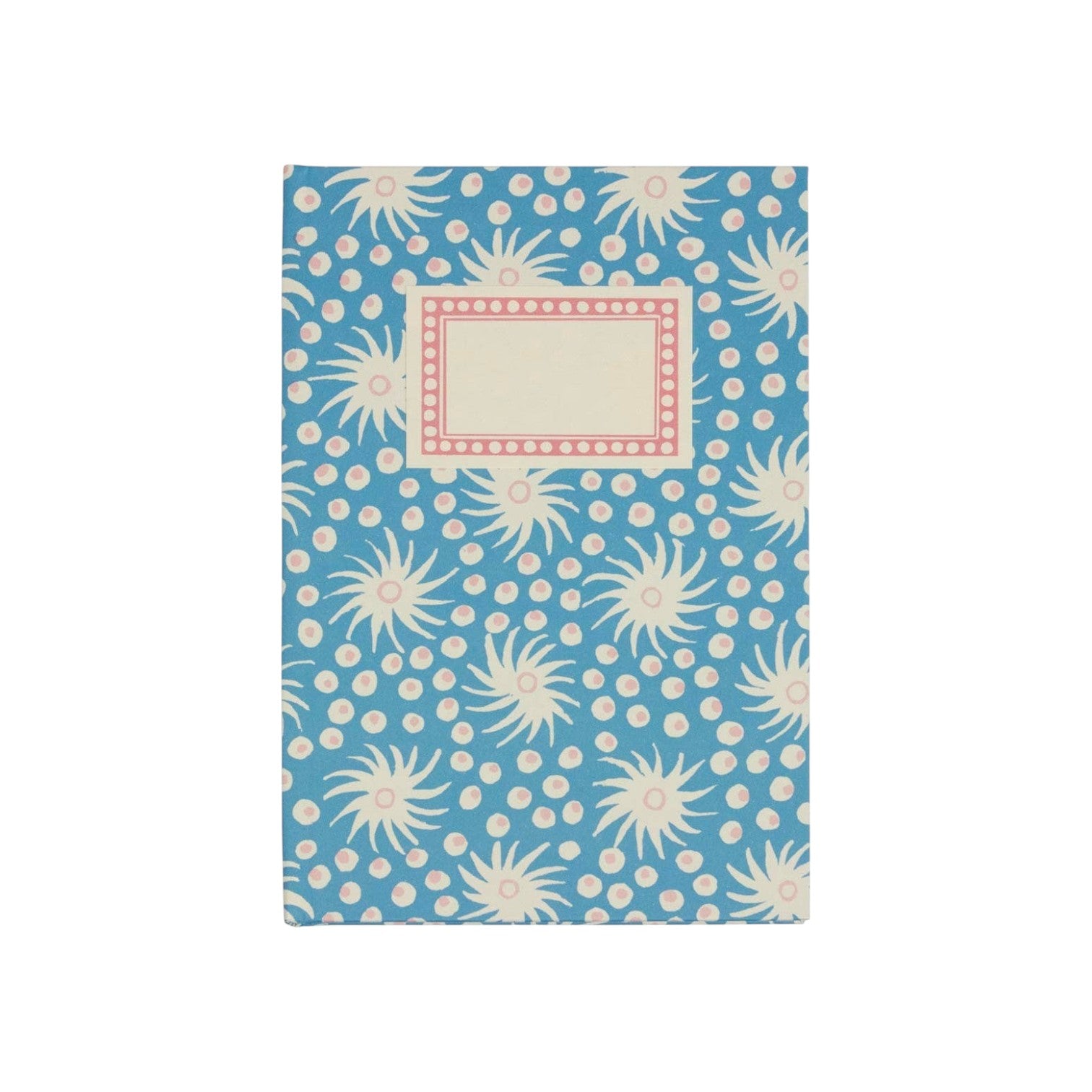 The Tiny Finch hardback notebook in Milky Way blue and old red with a patterned cover and cream rectangular label.