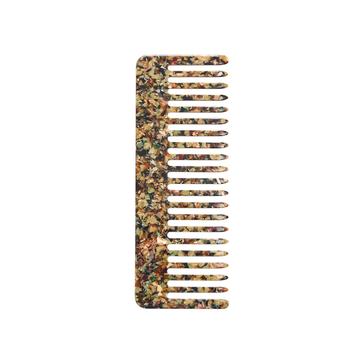 The Tiny Finch wide-tooth hair comb in Monet pattern, handcrafted from multi-colored Italian acetate.