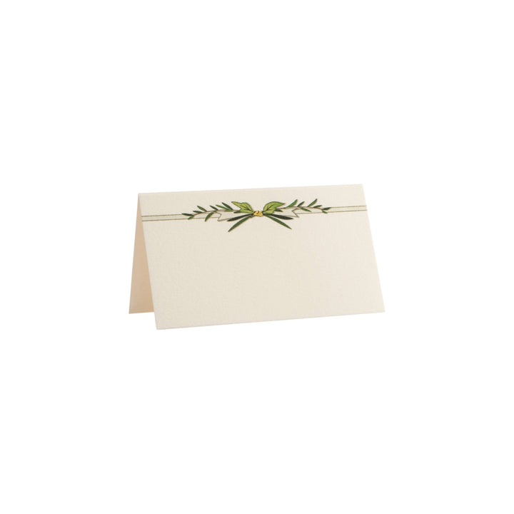 The Tiny Finch Morgan place card featuring a natural white folded paper with a green leaf illustration and gold foil.