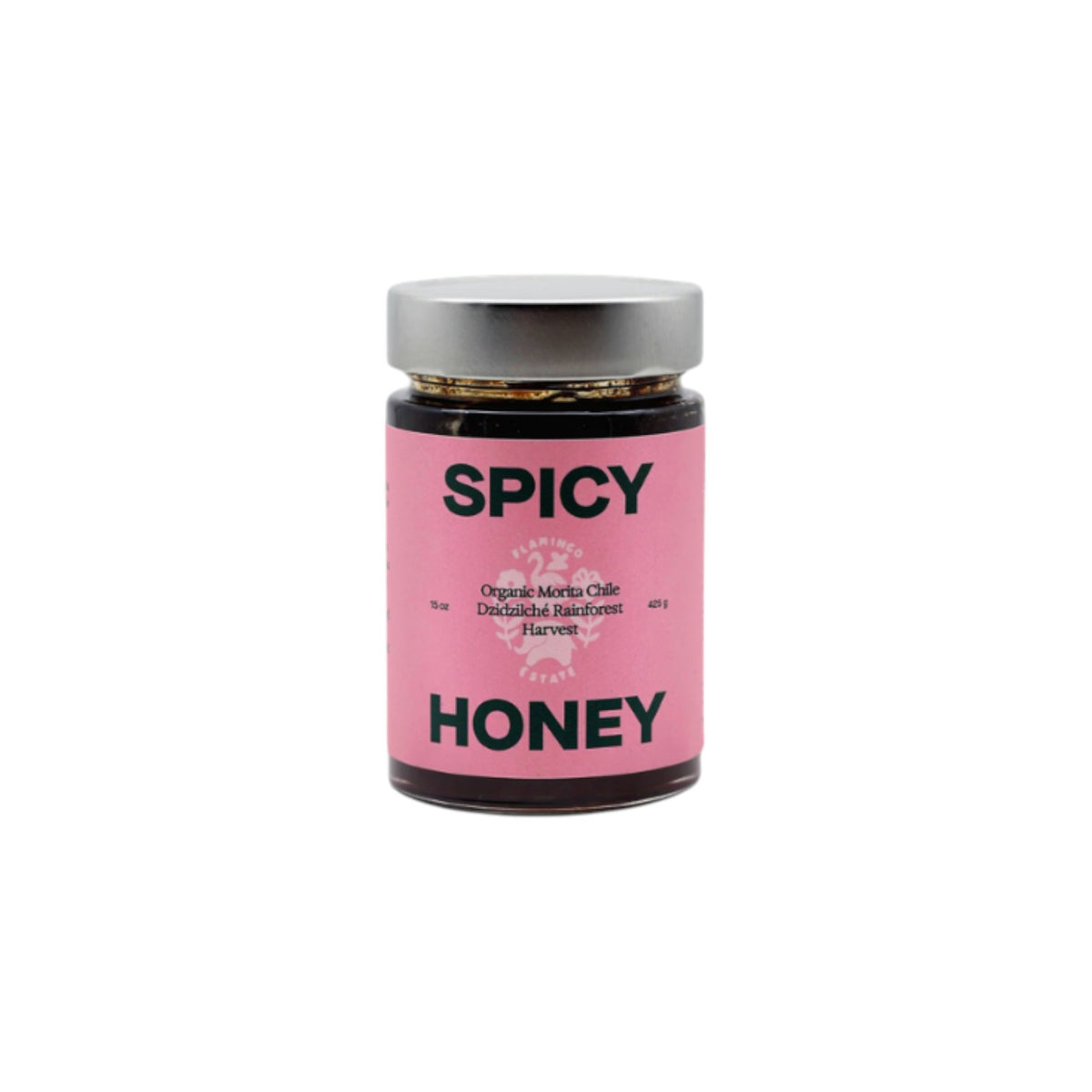 The Tiny Finch Morita Chile Spicy Honey in a glass jar with a pink label featuring Dzidzilché rainforest honey.