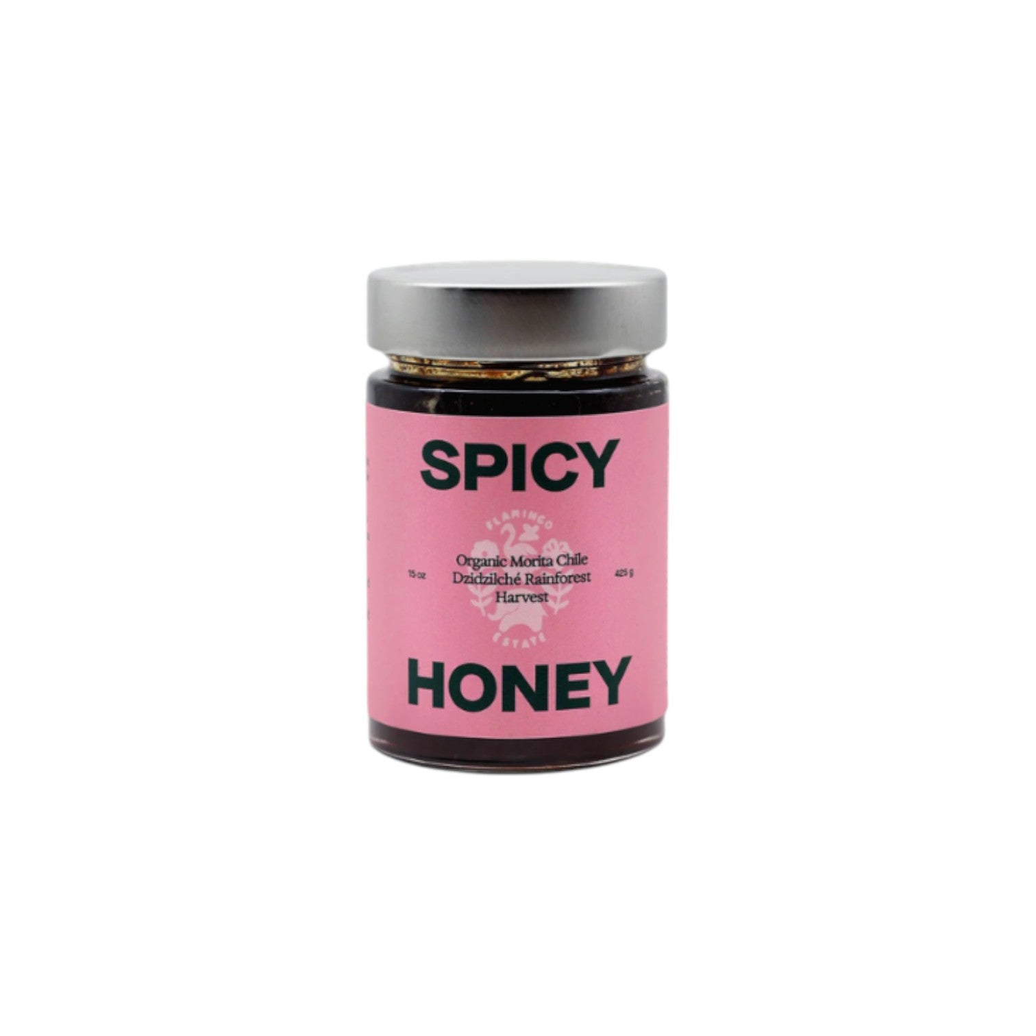 The Tiny Finch Morita Chile Spicy Honey in a glass jar with a pink label featuring Dzidzilché rainforest honey.