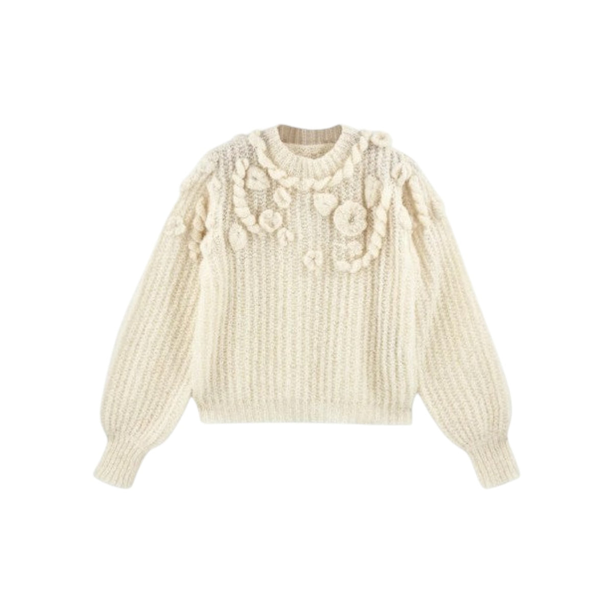 The Tiny Finch Moritz cream alpaca blend sweater with hand-embroidered floral embellishments and a loose knit texture.