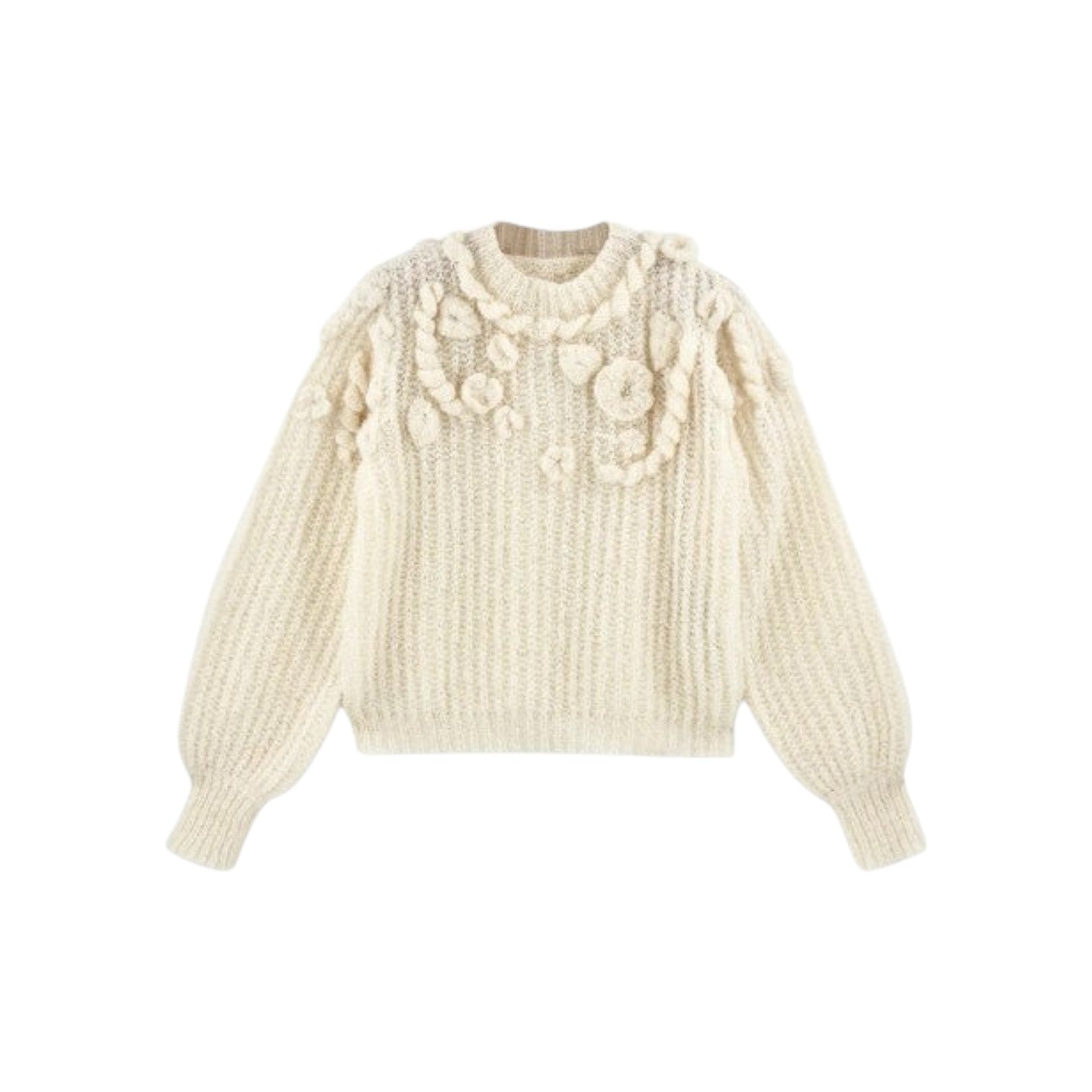 The Tiny Finch Moritz cream alpaca blend sweater with hand-embroidered floral embellishments and a loose knit texture.