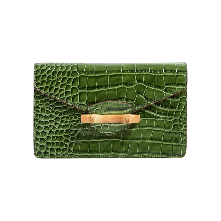 The Tiny Finch Pamela Munson Jackie clutch in moss green croc-embossed leather with a natural bamboo closure.