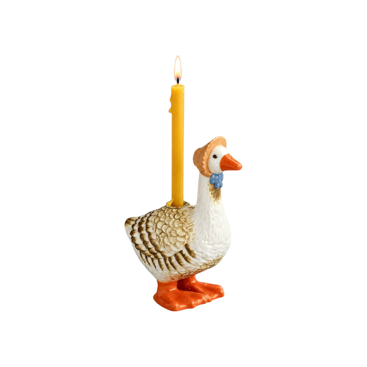The Tiny Finch ceramic Mother Goose cake topper featuring a bonnet, blue bow, and a lit yellow birthday candle.