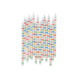 The Tiny Finch pack of 16 white wax birthday candles featuring colorful horizontal stripes for cakes and cupcakes.