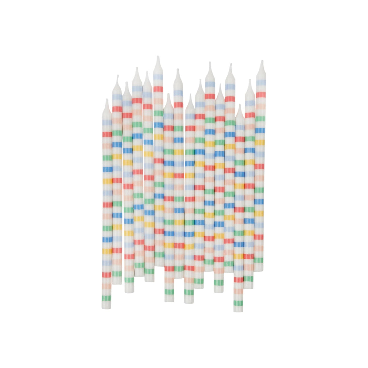The Tiny Finch pack of 16 white wax birthday candles featuring colorful horizontal stripes for cakes and cupcakes.