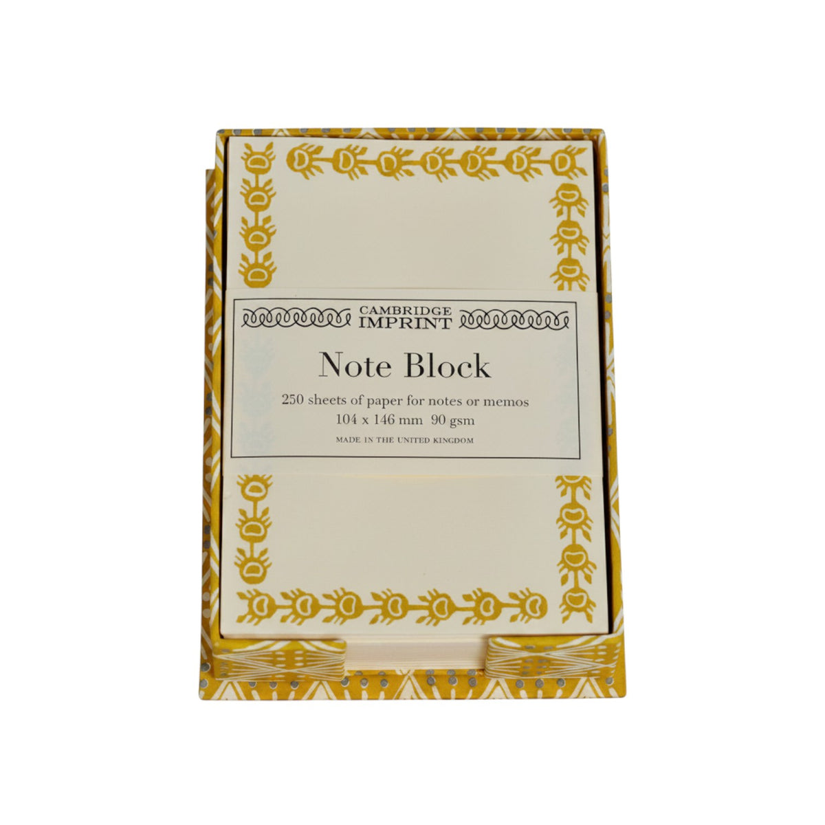 The Tiny Finch mustard selvedge patterned note holder with 250 ivory memo sheets featuring a decorative border.