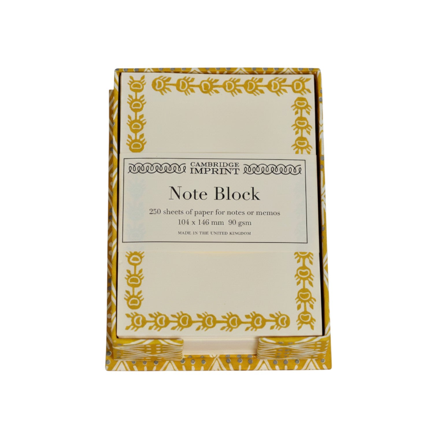 The Tiny Finch mustard selvedge patterned note holder with 250 ivory memo sheets featuring a decorative border.