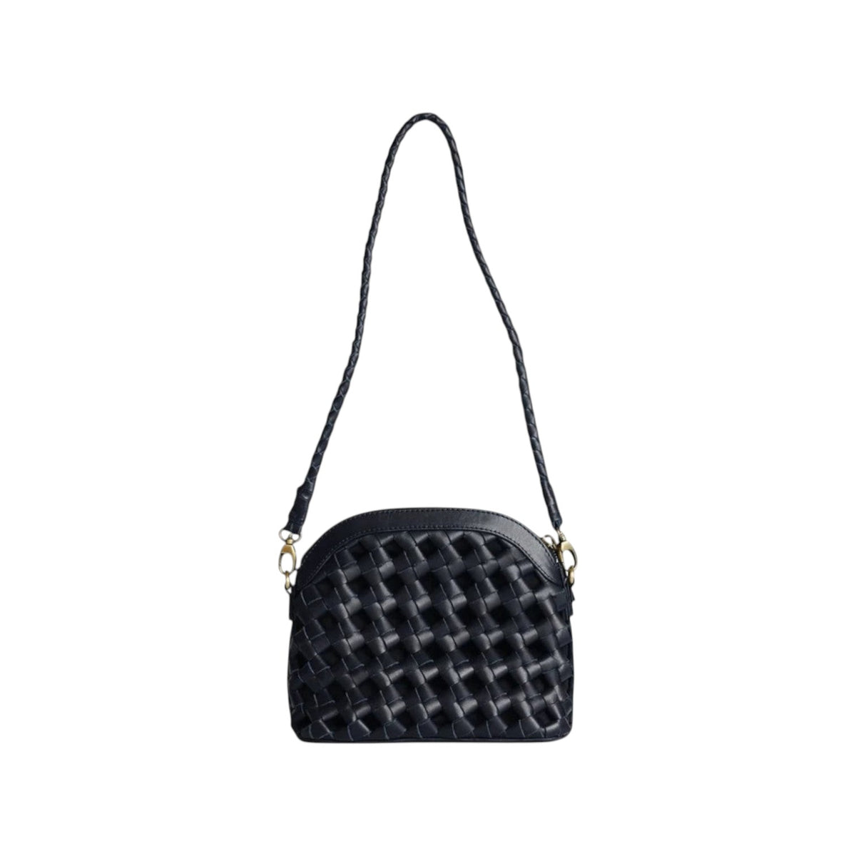 The Tiny Finch Bembien Mini Carmen navy blue handwoven knotted leather arched bag with a braided shoulder strap.