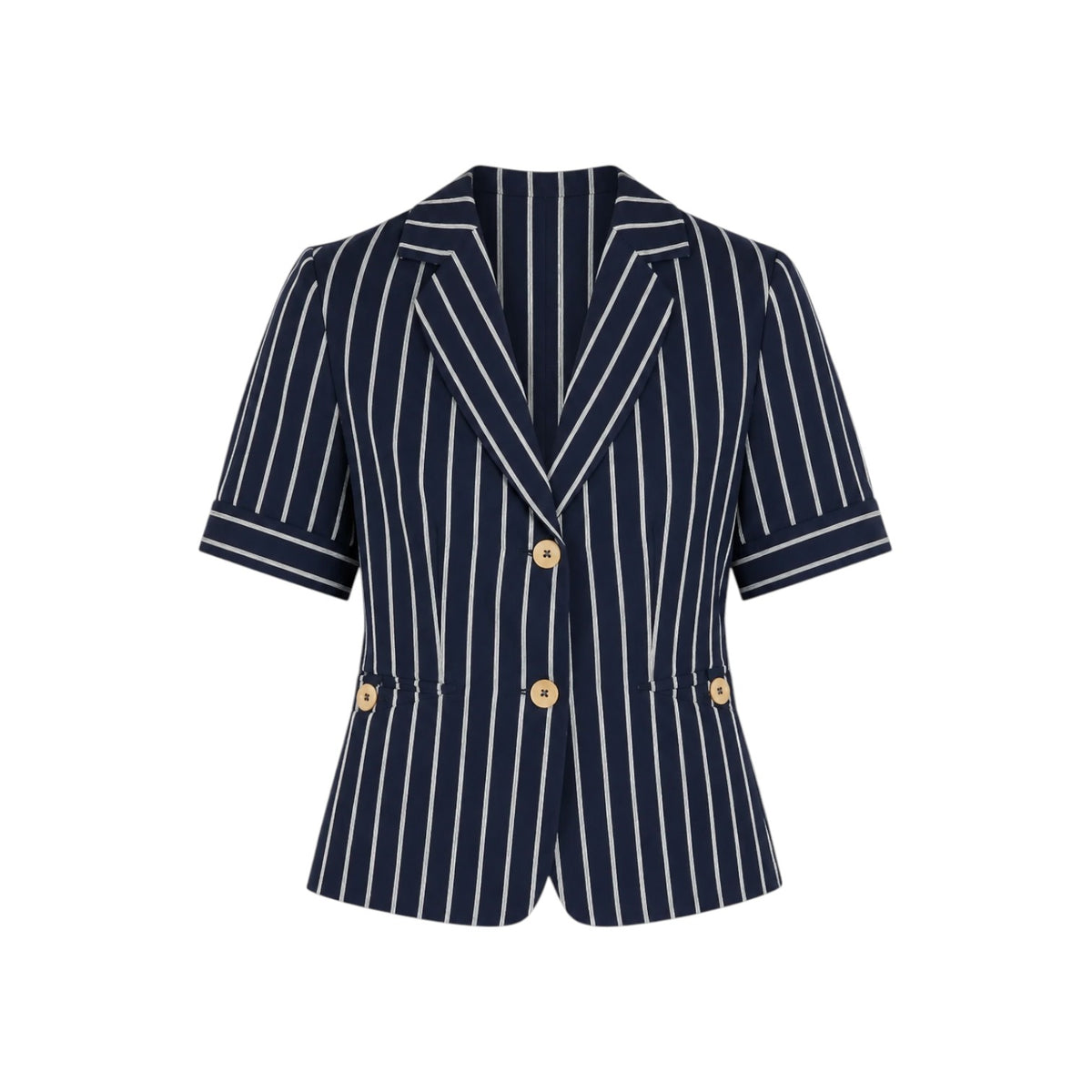 The Tiny Finch Kenny linen blazer in navy with white pinstripes, short sleeves, notched collar, and wood buttons.