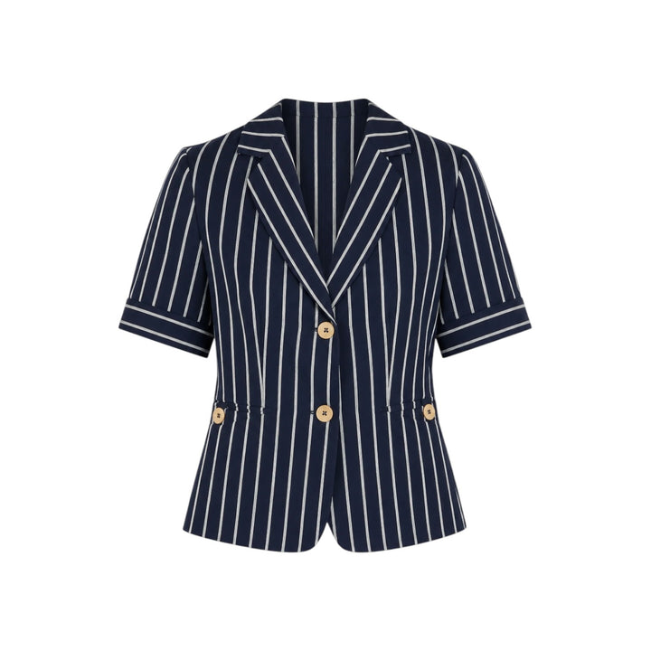 The Tiny Finch Kenny linen blazer in navy with white pinstripes, short sleeves, notched collar, and wood buttons.