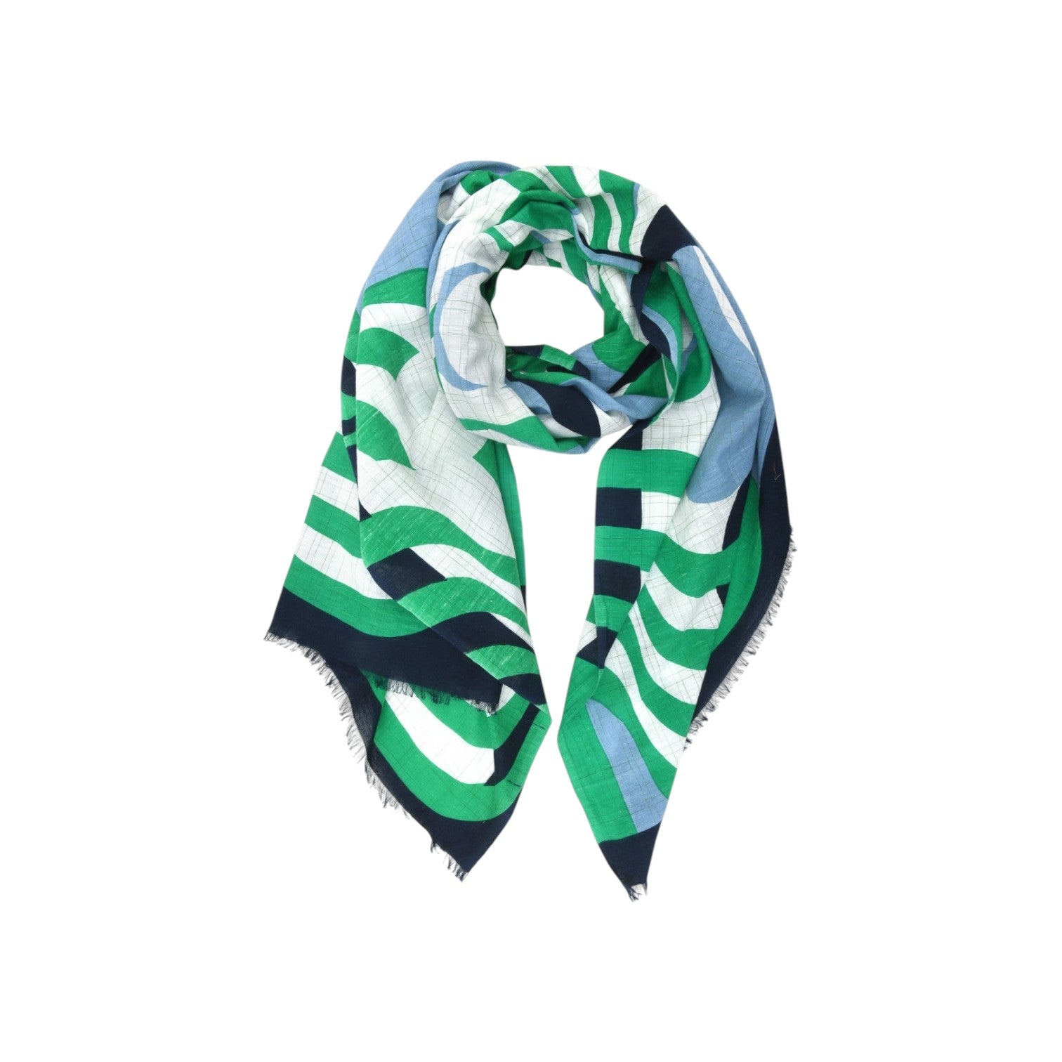 The Tiny Finch Mapoésie Nebuleuse scarf in sky blue and green with a 70s-inspired wavy print on hand-woven cotton.