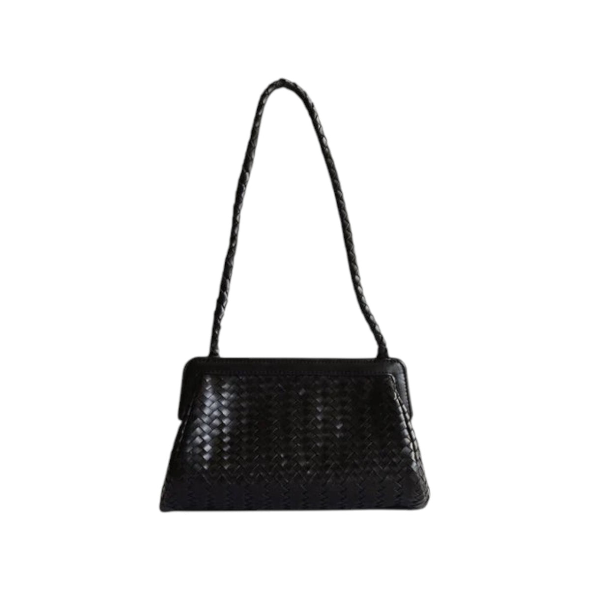 The Tiny Finch Nile black handbag featuring a woven leather texture and a braided shoulder strap.