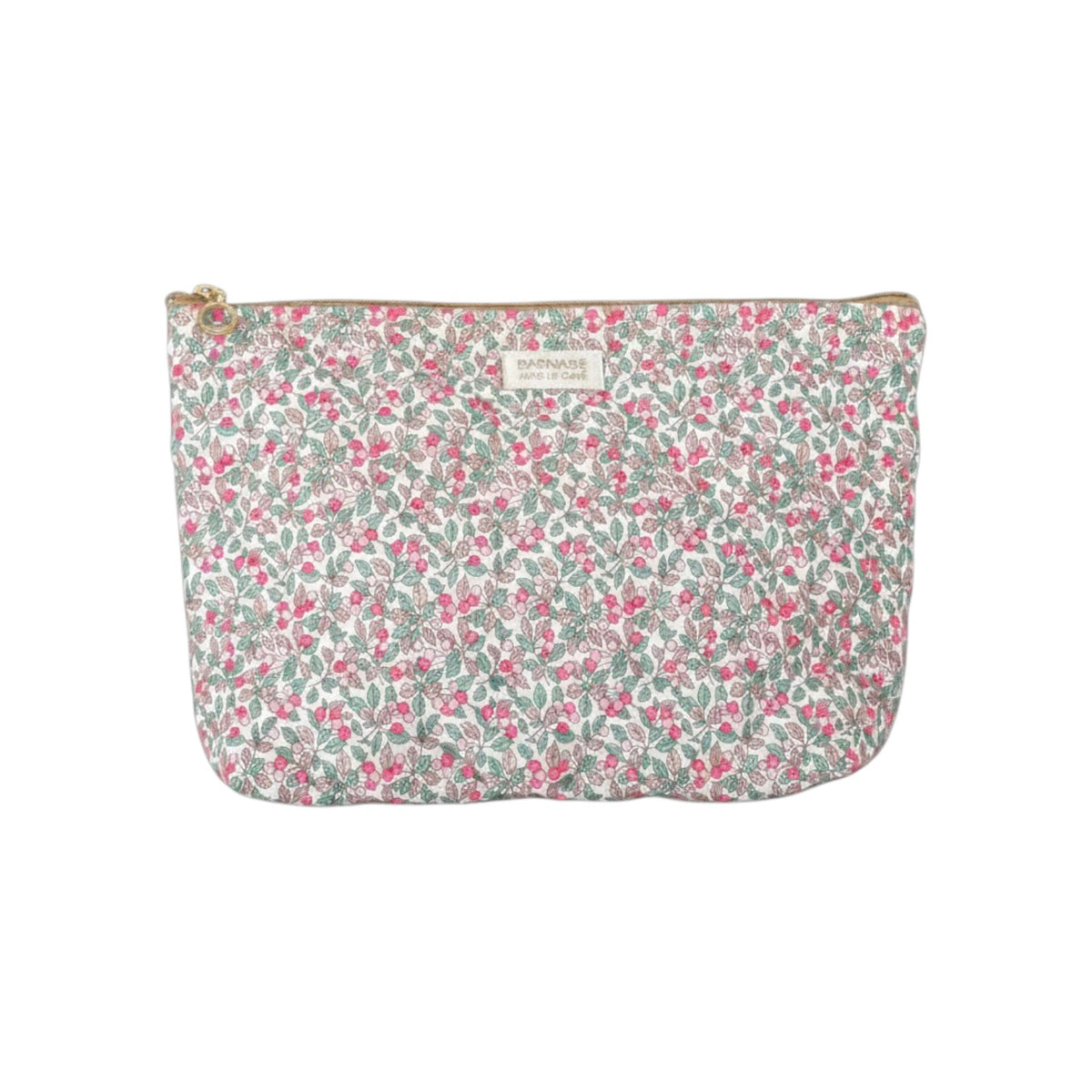 The Tiny Finch Nina baby toiletry bag in floral Liberty cotton fleece with a washable interior and brass zipper.