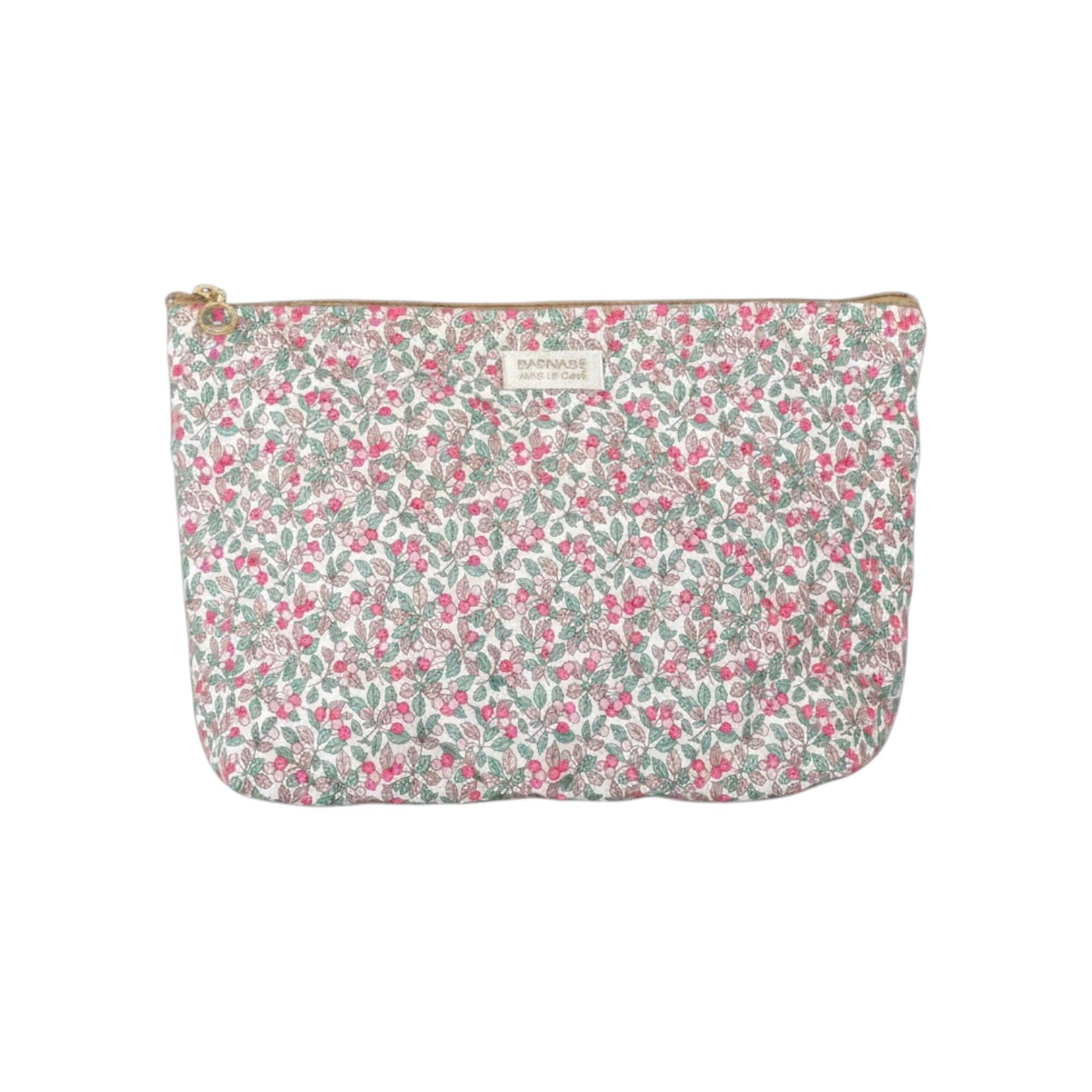 The Tiny Finch Nina baby toiletry bag in floral Liberty cotton fleece with a washable interior and brass zipper.