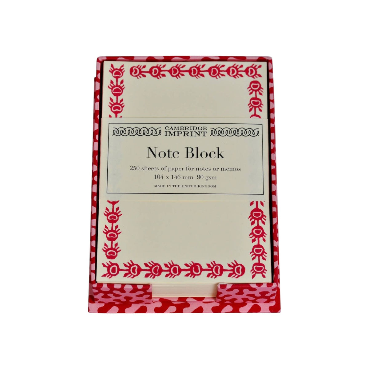 The Tiny Finch note holder in Kelp Raspberry Ripple with 250 ivory sheets featuring a red patterned border.
