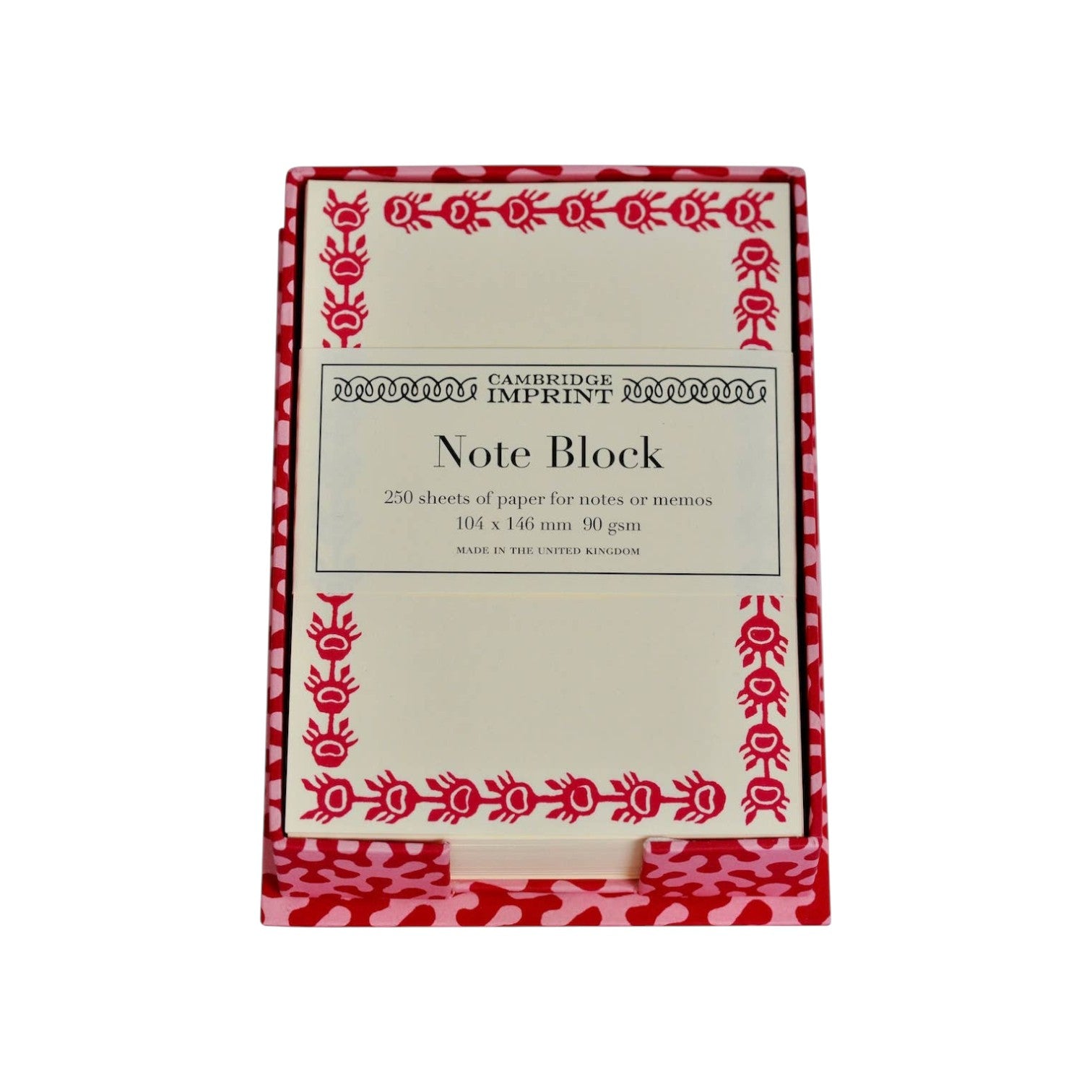 The Tiny Finch note holder in Kelp Raspberry Ripple with 250 ivory sheets featuring a red patterned border.