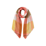 The Tiny Finch Mapoesie Divine scarf in ochre and coral color-block plaid print on soft grey marl 100% cotton fabric.