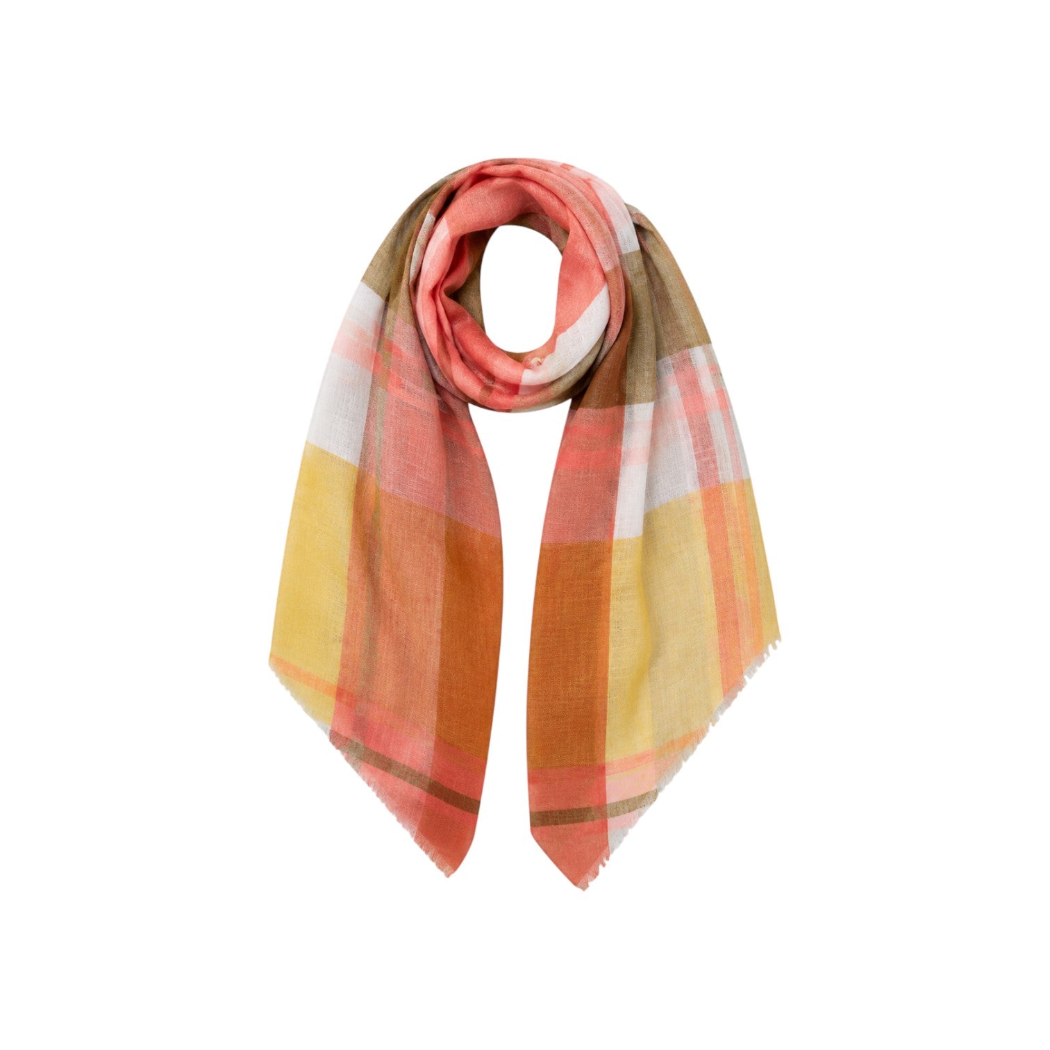 The Tiny Finch Mapoesie Divine scarf in ochre and coral color-block plaid print on soft grey marl 100% cotton fabric.