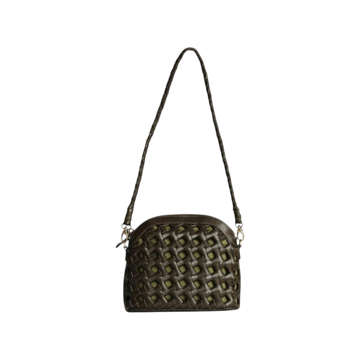 The Tiny Finch Bembien Mini Carmen arched handbag in olive green handwoven knotted suede with a shoulder strap.