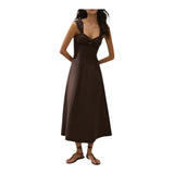The Tiny Finch Pallida espresso brown linen midi dress with a square neckline, bust cut-out, and knot tie detail.