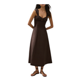 The Tiny Finch Pallida espresso brown linen midi dress with a square neckline, bust cut-out, and knot tie detail.