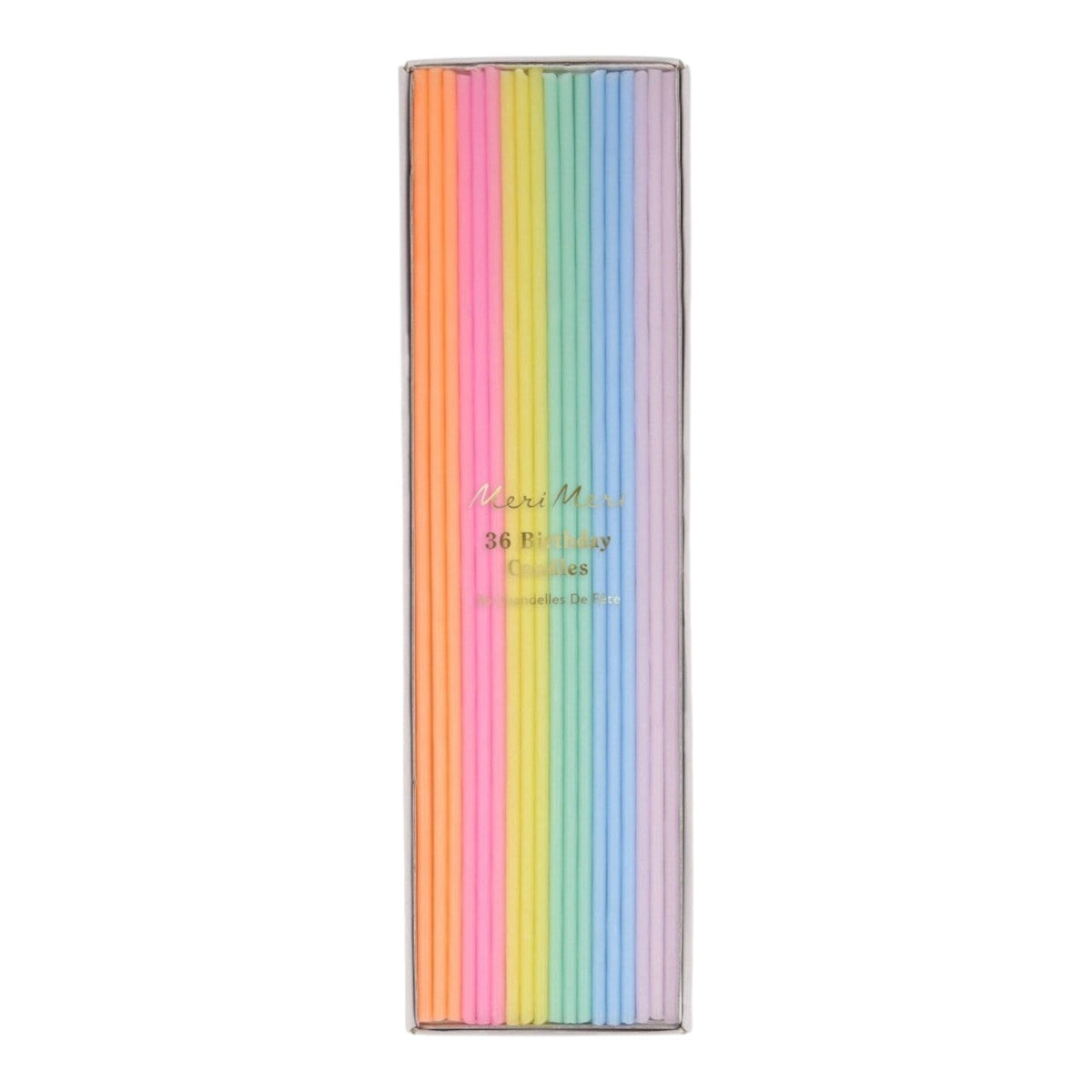 The Tiny Finch pack of 36 long skinny pastel birthday candles in lilac, pink, blue, mint, yellow, and neon orange.