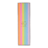 The Tiny Finch pack of 36 long skinny pastel birthday candles in lilac, pink, blue, mint, yellow, and neon orange.