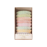 The Tiny Finch round pastel stripe cupcake liners in a clear display box, set of 100 disposable baking cups.